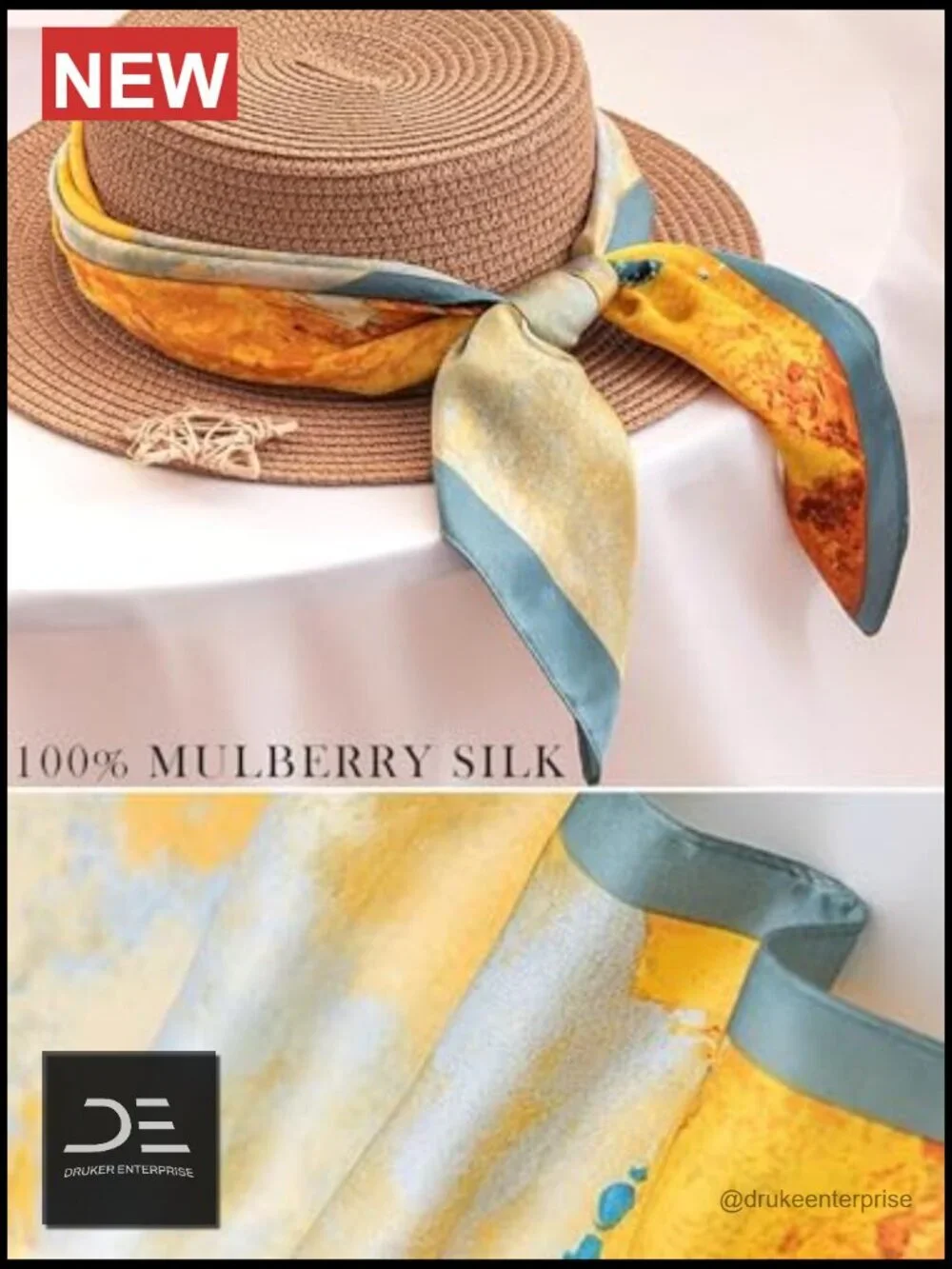 100% Mulberry Silk Lightweight Square Neckerchief Wrap Head Scarf 21